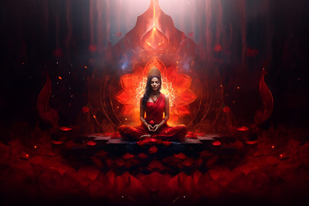 woman in red in the midst of red geometric energy.